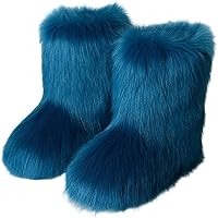 Women's Faux Fur Boots Fluffy Mid-Calf Fuzzy Winter Snow Boots Outdoor Flat Shoes