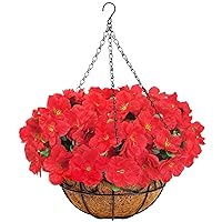 Artificial Hanging Flowers with Basket, Silk Fake Azalea Flowers in Coconut Lining Hanging Baskets, Fake Hanging Plants for Indoor Outdoor Yard Garden Patio Home Room Porch Decorations (Red)