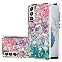 Soft TPU Case for Samsung Galaxy S21 FE,Marble Butterfly Colorful IMD Plating Case Cover with Diamond Finger Ring Kickstand