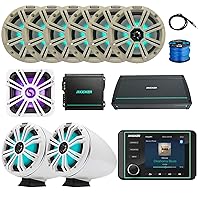 Kicker KMC5 Marine Gauge Style Bluetooth Receiver, 6X 8 300W Multicolor LED White Boat Speaker, 2X 8 Coaxial White LED Tower Speaker, 10