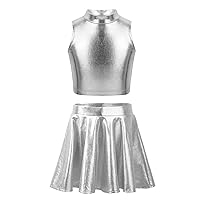 FEESHOW Girls Shiny Metallic Crop Tank Top with Pleated Skort Skirt Ballet Dance Jazz Hip Hop Performance Costumes