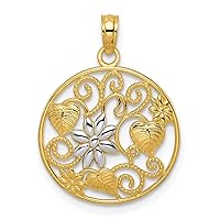 14K Yellow Gold with White Rhodium Leaves Vines Flower Circle Pendant - 24.75mm