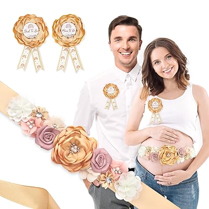 Boho Rainbow Mom to Be Sash Baby Shower Dad to be Mom to be Pin, Gold Satin Maternity Sash and Corsage Pin Set for Pregnant Mommy Gifts Party Decorations