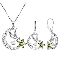 YL Hummingbird Pendant Necklace 925 Sterling Silver Celtic Moon Dangle Earrings Created Peridot Flower Jewelry Set for Women