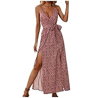 Women Sexy Backless Sundresses 2024 Summer Deep V Neck Tie Floral Long Maxi Dress Ladies High Slit Vacation Beach Dress