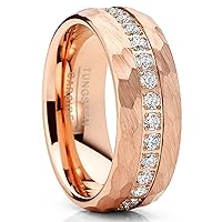 Metal Masters Co. Men Tungsten Rose Goldtone Wedding Band Hammered Eternity Ring CZ Comfort-Fit 8MM