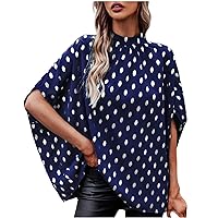 Polka Dots Blouses for Women Mock Neck Dolman Short Sleeve Pleated Shirts Oversized High Low Summer Tunic Tops