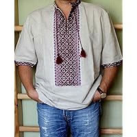 VYSHYVANKA mens Ukrainian Embroidered Shirt Handmade Gray Linen short sleeve XL