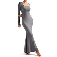 Women Ribbed Maxi Long Sleeve Dress Square Neck Sexy Bodycon Dresses