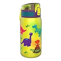 Ion8 Kids Water Bottle, 350 ml/12 oz, Leak Proof, Easy to Open, Secure Lock, Dishwasher Safe, BPA Free, Carry Handle, Hygienic Flip Cover, Easy Clean, Odor Free, Carbon Neutral, Yellow, Dinosaur