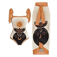 Womens Bikini Bathing Suit Sexy Suspender Vintage Print One Piece Swimsuit with Lace Up Wrap Maxi Skirt Beach Cover Up