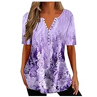 Womens Button Down V Neck Tunic Tshirt Vintage Floral Print Tee Short Sleeve Blouse for Leggings Summer Dressy Casual Tops