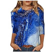 Women's 3/4 Sleeve Summer Tops Fashion Elegant Round Neck Pullover Blouse Loose Marble Printed Top