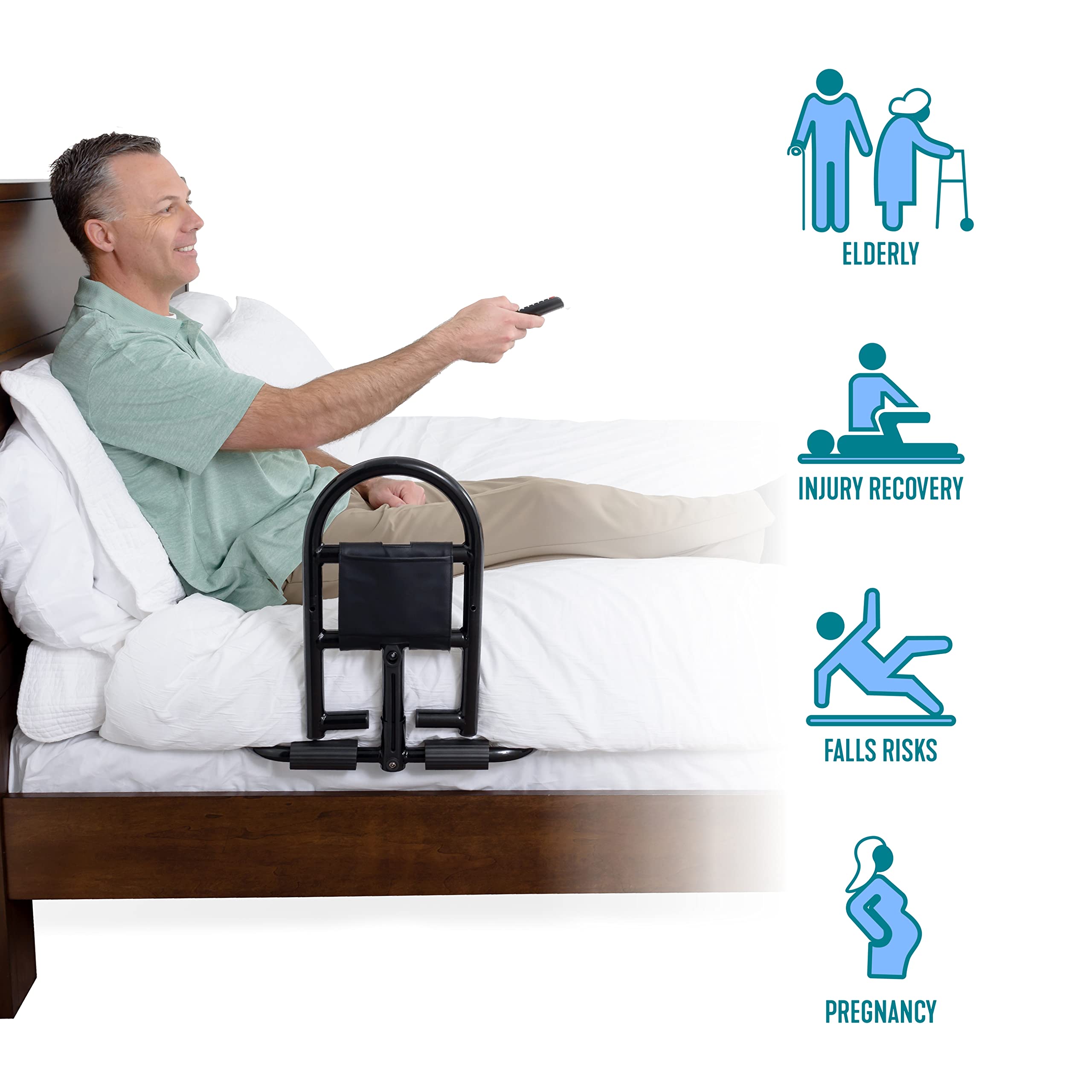 Stander Prime Safety Bed Handle, Bariatric Bed Rail for Elderly Adults, Bed Assist Bar with Organizer Pouch