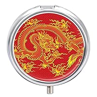 Round Pill Box Red Chinese Dragon Portable Pill Case Medicine Organizer Vitamin Holder Container with 3 Compartments