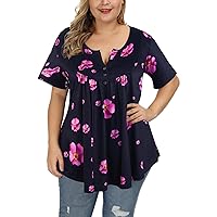ALLEGRACE Women's Plus Size Tunic Tops Summer Short Sleeve V Neck Blouses Ruffle Flowy Button Up T Shirts