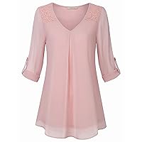 Bebonnie Womens Roll-Up 3/4 Sleeve Top Casual V Neck Layered Chiffon Lace Blouses