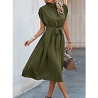 Dresses for Women - Batwing Sleeve Belted Dress (Color : Army Green, Size : Small)