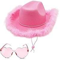 4E's Novelty Cowboy Hat with feathers With Heart Shaped Sunglasses for Women, Felt Cowgirl Hat for Party Costume Dress Up