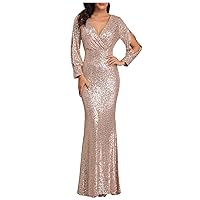 Womens Elegant Sequin Evening Dresses Cut Out Long Sleeve Prom Mermaid Dress Glitter V Neck Wrap Formal Party Gowns