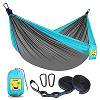 Camping Hammock Double & Single Portable Hammocks with 2 Tree Straps and Attached Carry Bag,Great for Outdoor,Indoor,Beach,Camping,Light Grey / Sky Blue