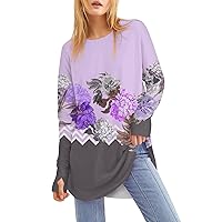 Going Out Tops for Women Long Sleeve Seaside Plus Size T Shirts Women Spring Funny Loose Fit Print T-Shirt Stretchy Scoop Neck Shirts Woman Purple Womens T Shirts Black Blouse Large