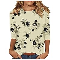 Women Blouse 3/4 Short Sleeve Tops for Women Printed T-Shirt Mid-Length 3/4 Sleeves Blouse Round Neck Casual Tops Tee Shirts Ladies Business Office Loose Top Spring/Summer Basic Tops