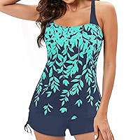 Womens Tummy Control Two Piece Bathing Suit See Through Tribal Tankini Swim Dress with Shorts Full Coverage Swimsuit