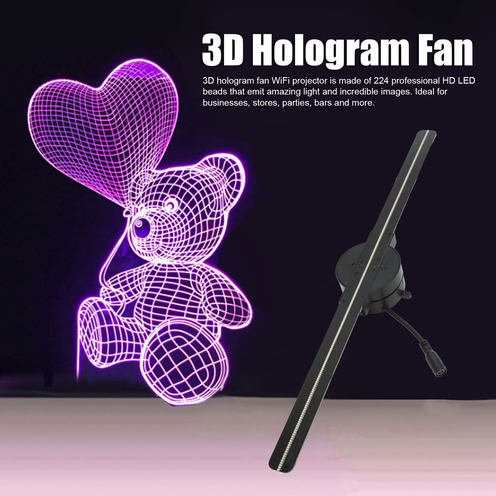 3D Hologram Fan, 16.5in WiFi 3D Hologram Projector Advertising Display With 224 LED Light Beads Holographic Video Projector for Business Store Signs, Bar, Casino, Party, Christmas