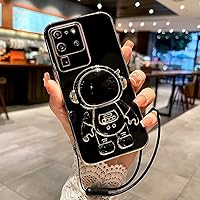 Case for Galaxy S21 Ultra,Fun 6D Plating Astronaut Design Hidden Folding Kickstand Soft TPU Shockproof Bumper Cartoon Phone Case with Hand Rope for Samsung Galaxy S21 Ultra 5G 6.8 inch 2021 (Black)