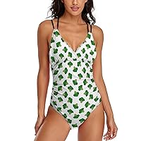 Broccoli Pattern Summer Bathing Suit One Piece Swimsuit Bikini Sets for Women Deep V Neck Cross Back