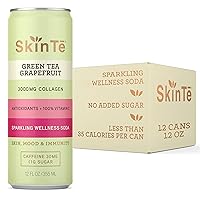SKINTE Collagen Sparkling Tea Organic Green Tea with Grapefruit | 12 oz (Pack of 12) | Antioxidants and Vitamin C | 3000mg Collagen Peptides | Benefits Skin, Mood and Immunity | Zero Added Sugar