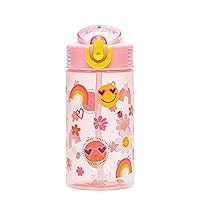 Zak Designs Kids Water Bottle For School or Travel, 16oz Durable Plastic Water Bottle With Straw, Handle, and Leak-Proof, Pop-Up Spout Cover (Sunny Smiles)