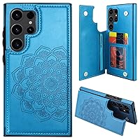 MMHUO for Samsung S24 Ultra Case with Card Holder,Flower Magnetic Back Flip Case for Samsung Galaxy S24 Ultra Wallet Case for Women,Protective Case Phone Case for Samsung Galaxy S24 Ultra 5G,Blue