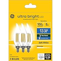 GE Ultra Bright LED Light Bulbs, 100W, Soft White Candle Lights, Clear Decorative CA12 Light Bulbs, Candelabara Base, 3 count (Pack of 1)