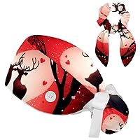 1 Pack Adjustable Scrub Cap with Hair Scrunchy, Ponytail Holder Nurse Hat with Button, Hearts and Deer