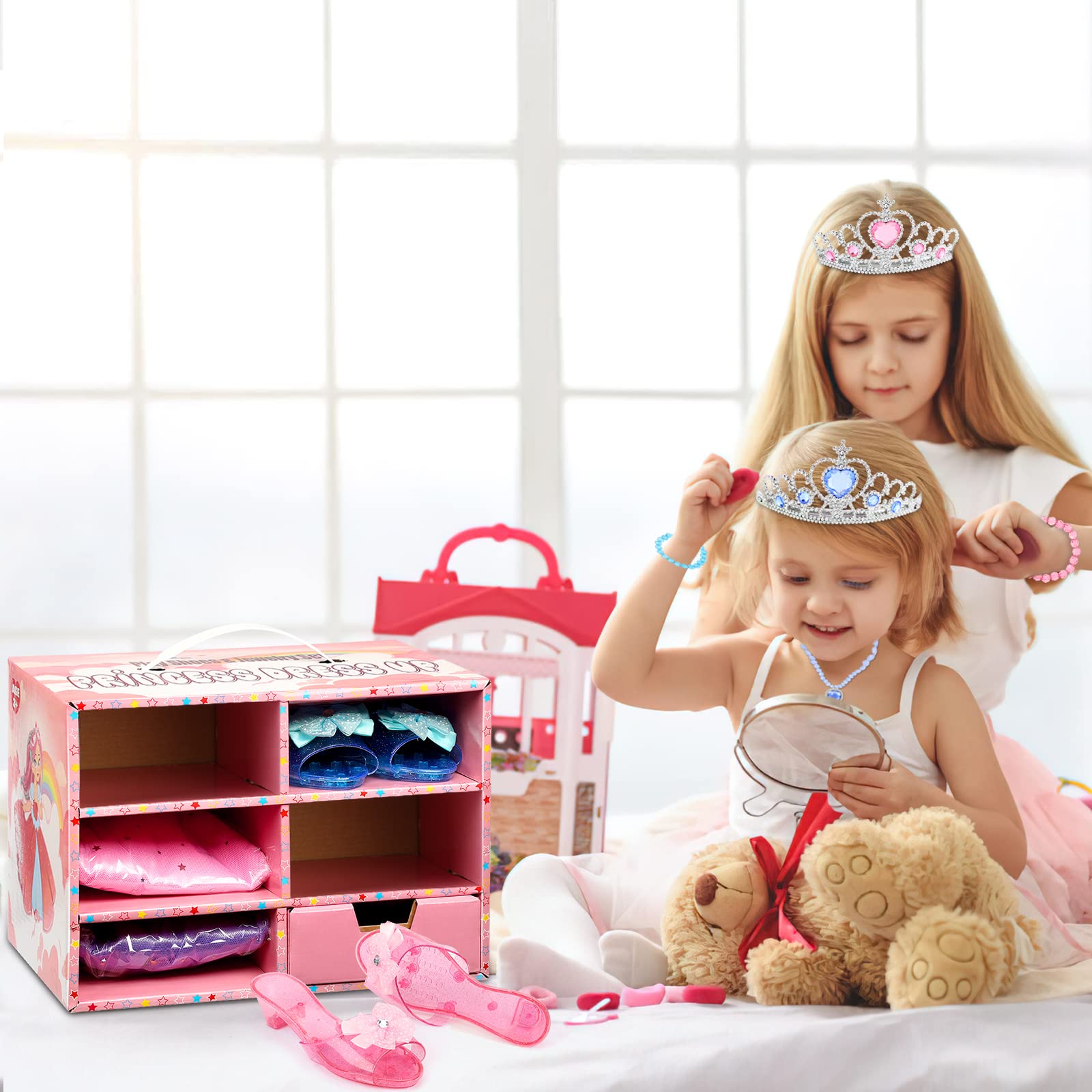 Princess Dress Up Clothes Jewelry Boutique, Pretend Play Toys w/ 3 Princess Dresses, Bracelets, Rings, Earrings, Crown, and Wand, Gifts for 3 4 5 Year Old Girls