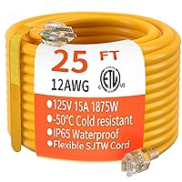 HUANCHAIN 25 ft 12/3 Gauge Heavy Duty Outdoor Extension Cord Waterproof with Lighted, Flexible Cold Weather 3 Prong Electric Cord Outside, 15A 1875W 125V 12AWG SJTW, Yellow, ETL Listed