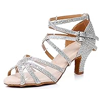 Womens Girls High Heel Dance Shoes Glitter Sparkle Ballroom Dancing Wedding Party Sandals with Rhinestones X2211