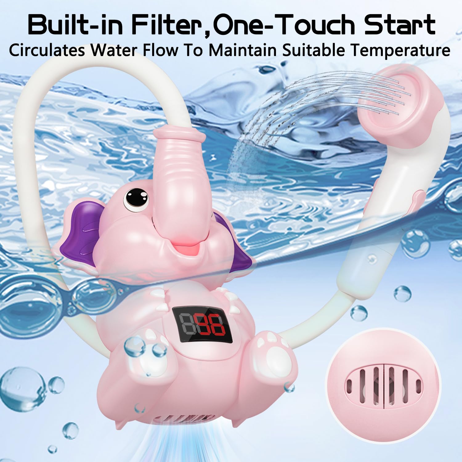 Baby Bath Toys Shower Head Elephant Design Bathtub Sprinkler with Digital LED Temperature Display,Baby Bath Essentials Birthday Gift for Newborn Infants Toddlers Babies 18+ Months - Gray
