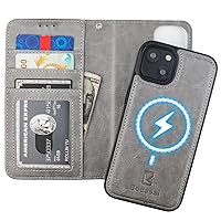 Bocasal for iPhone 14 Wallet Case Compatible with MagSafe Wireless Charging, RFID Blocking Magnetic Leather Case with Card Slots Holder Kickstand Detachable Wrist Strap 6.1 Inch (Grey)