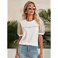 Women's Shirts Sexy for Women Dobby Mesh Puff Sleeve Letter Graphic Top Shirts for Women (Color : White, Size : X-Small)