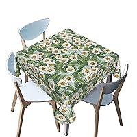 Flower Pattern Square Tablecloth,Watercolor Theme,Breathable Tabletop Cover Waterproof Square Table Cloth,for Square Tables for Parties,Holiday Dining（Green White，40 x 40 Inch）