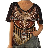 Native American Tops for Women Vintage Feather Owl Print Graphic Tees Summer Casual Short Sleeve V Neck Western T Shirts