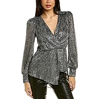 BCBGMAXAZRIA Women's Fit and Flare Long Sleeve Top Surplice Neck Ruched Shoulders Smocked Cuffs Asymmetrical Hem Shirt