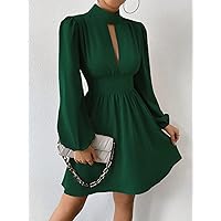 Womens Dresses Keyhole Neckline Lantern Sleeve Dress (Color : Dark Green, Size : Large)