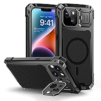 Lanhiem Magnetic iPhone 14 Metal Case, [Built-in Camera Kickstand & Glass Screen Protector] Heavy Duty Shockproof Full Body Rugged Protective Magsafe Cover for iPhone 14 6.1