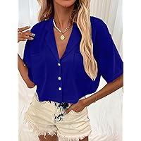 Women's Tops Women's Shirts Solid Button Through Dual Pocket Blouse Women's Tops Shirts for Women (Color : Royal Blue, Size : Small)