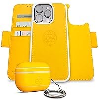 Dreem Bundle: Fibonacci Wallet-Case for iPhone 14 Pro Max with Om for Apple AirPods Pro 2 Case [Yellow]