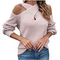 Cross V Neck Sweater for Women Sexy Cold Shoulder Knit Tops Fashion Long Sleeve Jumper Ribbed Knitwear Pullover